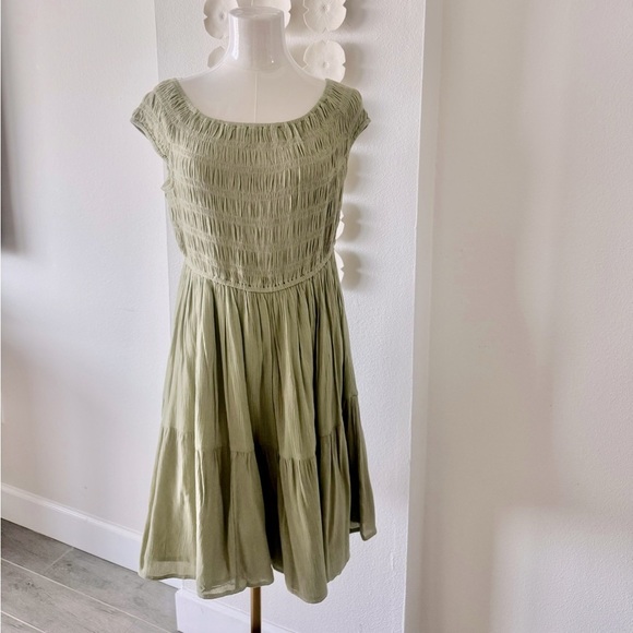 Oak and Fort Sage Green Gauze Dress – Size L – Off Shoulder Vacation Style - Picture 1 of 6
